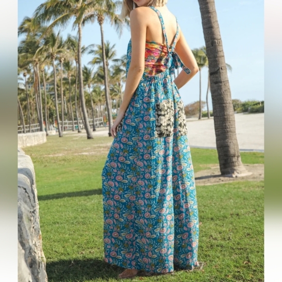 NWT NATURAL LIFE Dakota Tie Overall Black Blue Mix Floral 🖤 & 💙 - Picture 2 of 6